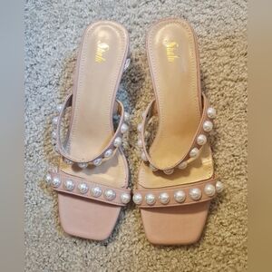 Sheln Pink Pearl-Embellished Slide Sandals